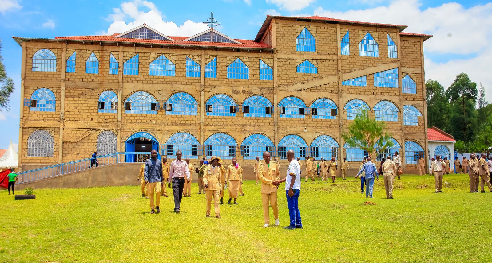 Group walking together across the campus grounds